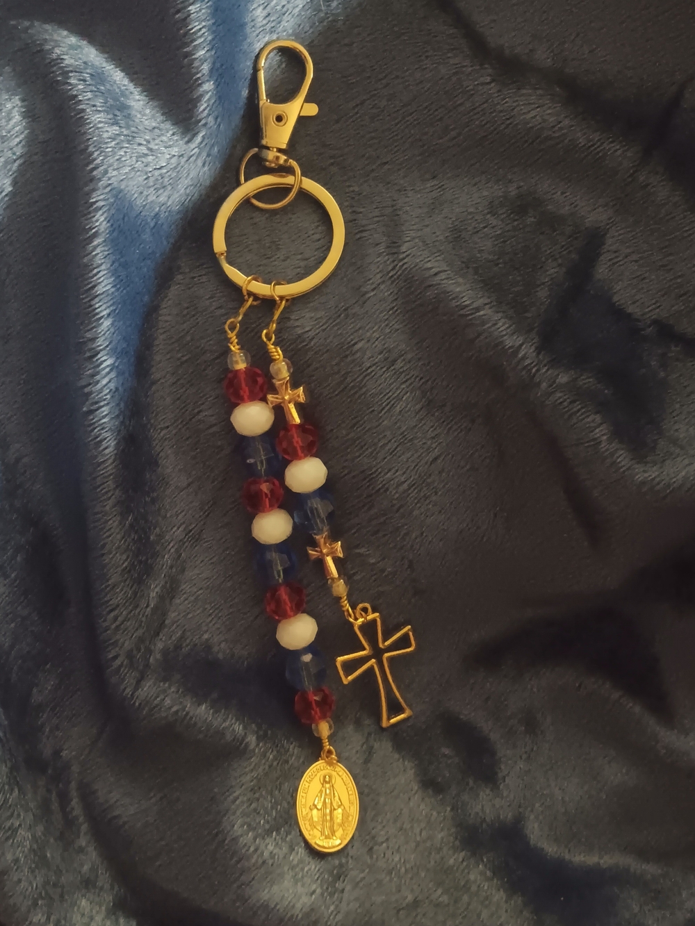Gold Cross & Medal Beaded Keychain - Red, White, Blue